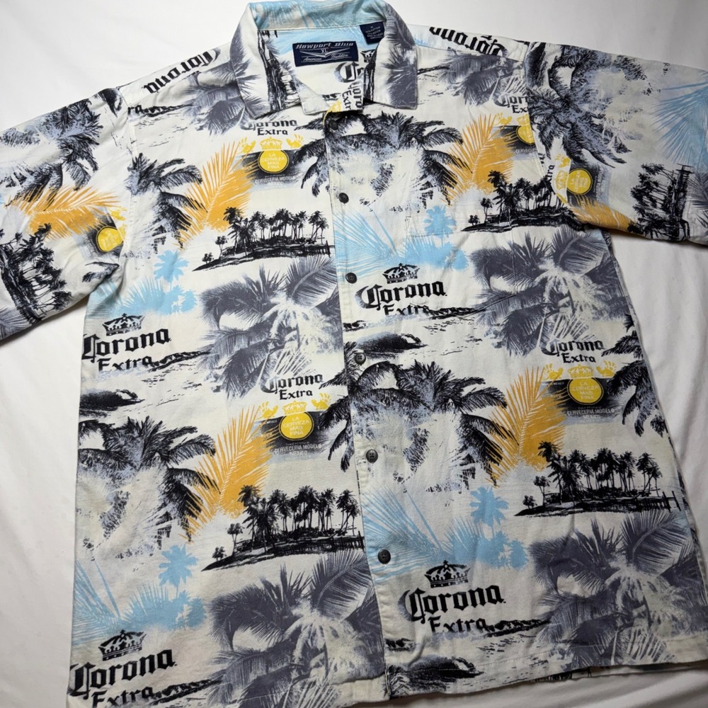 Newport Blue Corona Extra Hawaiian Shirt Mens XL Tropical Palm Tree Button Up